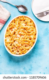 Mac And Cheese, Pasta Baked With Cheese Sauce, Top View.