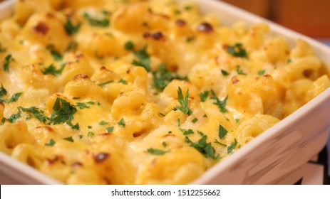 Mac And Cheese Served On A Tray Macro Close Up