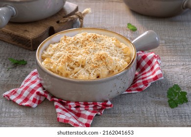 Mac And Cheese. Traditional American Dish Macaroni Pasta And A Cheese Sauce