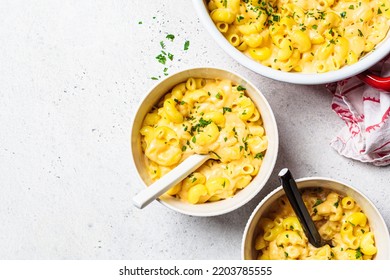Mac And Cheese In White Bowl, Top View. Traditional American Food.