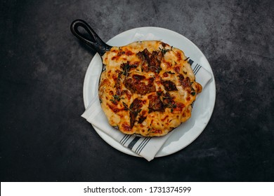 Mac N Cheese In Skillet On Table Top View