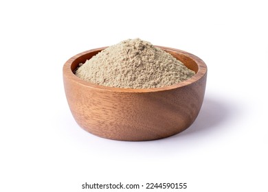 Maca powder in wooden bowl isolated on white background with clipping path.