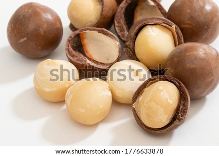 Macadamia nut nuts and shells on white background