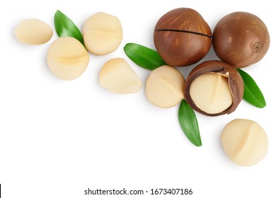 macadamia nuts isolated on white background with clipping path and full depth of field. Top view with copy space for your text.. Flat lay.