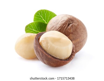 Macadamia nuts with leaves in closeup