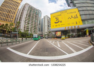 Macao, China - 3 Feb. 2019:Macau City Street View With Fish Eye Lens. In 1553, The Portuguese Acquired The Right Of Abode And Became A Colony. In 1999, The Chinese Government Restored Its Sovereignty.