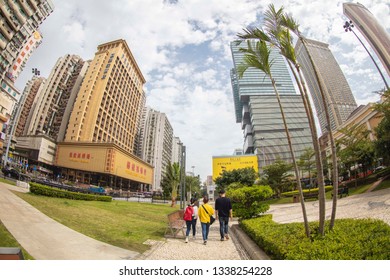 Macao, China - 3 Feb. 2019:Macau City Street View With Fish Eye Lens. In 1553, The Portuguese Acquired The Right Of Abode And Became A Colony. In 1999, The Chinese Government Restored Its Sovereignty.