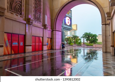 Macao, China - APR 2019: The Entrance Of Macau Studio City To MGM Cotai Macau In Rainy Day