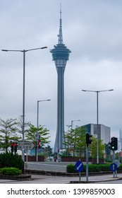 Macao, China - APR 2019: The Scenery Of Macau Tower From The Avenue 