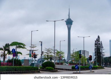 Macao, China - APR 2019: The Scenery Of Macau Tower From The Avenue 