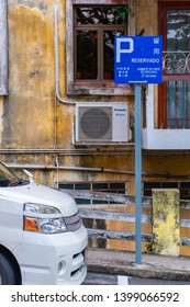 Macao, China - APR 2019: The Sign Of The Parking Spot For Office Of Chief Executive Near The Building Of Government Headquarters Of Macau SAR