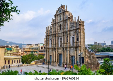 Macao, China - April 2, 2020: Ruins of St. Paul's catholic church built in 1640, Macao's best known landmark and UNESCO World Heritage Site