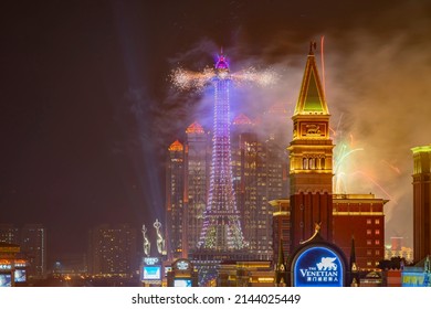 Macao, DEC 31 2016 - Night high angle view of the New Year fireworks over the Taipa casino area