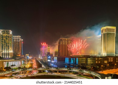 Macao, DEC 31 2016 - Night high angle view of the New Year fireworks over the Taipa casino area