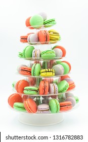 Macaron Tower - Colourful French Dessert Tower. Isolated on white. Soft Focus