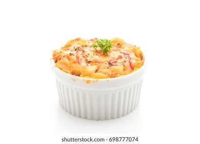 Macaroni Baked With Cheese And Crab Stick Isolated On White Background