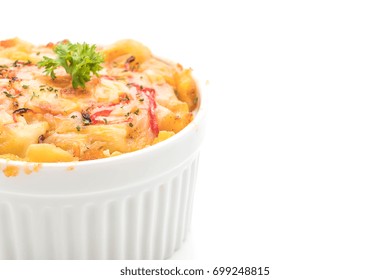 Macaroni Baked With Cheese And Crab Stick Isolated On White Background