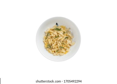 Macaroni And Cheese With Dill In Bowl Isolated On White Background Top View