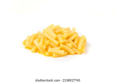 Macaroni And Cheese Dinner Pasta. Orange Cheesy Pasta Isolated Over White.