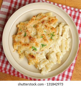 Macaroni Cheese Meal In Beige Bowl.