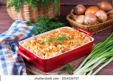 Macaroni, Chicken And Cheese Pasta Bake In A Ceramic Dish, Homemade Cheesy Pasta