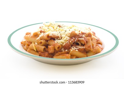 Macaroni Dish With Tomato And Cheese On White Background