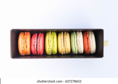 Macarons In A Black Box, Top View And Isolated