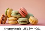 Macarons cookies, stack of french macarons on bright background. Sweet dessert, sugar