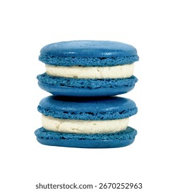 Macarons Delight: Two elegantly stacked, blue macarons, each a perfect circle of sweet, delightful simplicity. The treats features layers of blue cookie, sandwiching a rich.