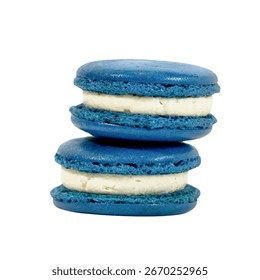 Macarons Delight: Two elegantly stacked, blue macarons, each a perfect circle of sweet, delightful simplicity. The treats features layers of blue cookie, sandwiching a rich.
