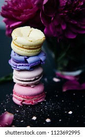 Macarons multicolored beautifully decorated with flowers