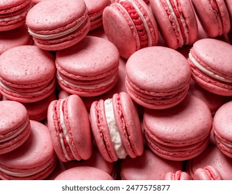 macarons with a pink hue and a golden-brown shell, arranged in a circular pattern against a pink background - Powered by Shutterstock