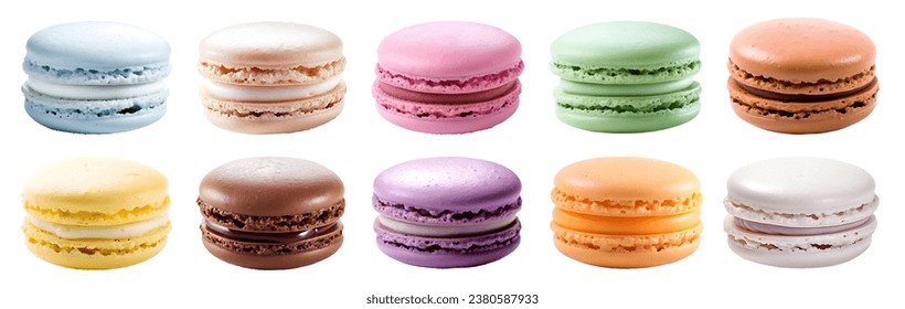 Macaroon Macaron, front view on white background cutout file. Many assorted different colours. Mockup template for artwork