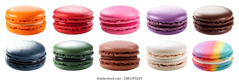 Macaroon Macaron, front view on white background cutout file. Many assorted different colours. Mockup template for artwork