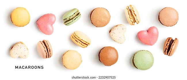 Macaroons cake creative layout isolated on white background. Sweet food collection and design element. Flat lay, top view
				