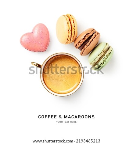 Macaroons cake and cup of coffee creative layout isolated on white background. Valentine day concept. Sweet food composition and design element. Flat lay, top view