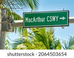 MacArthur Causeway sign in South Beach, Miami