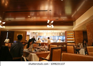 MACAU, CHINA, APRIL 15, 2O16: Unidentified Custom Dining At A Fancy  Western Restaurant Steak House Copa In Macau