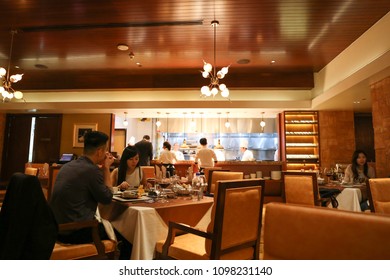 MACAU, CHINA, APRIL 15, 2O16: Unidentified Custom Dining At A Fancy  Western Restaurant Steak House Copa In Macau