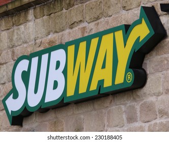 MACCLESFIELD,UK - NOVEMBER 12 2014: Subway Sandwich Store  Sign With Logo.  A Focus On Healthy Eating Is Driving Rapid Growth.