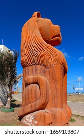 Maceio, Alagoas, Brazil, January 14, 2020: The Lion Is A Giant Sculpture By Master André Da Marinheira. The Sculpture Is On The Beach Of Pontal Da Barra, City Of Maceió, State Of Alagoas.