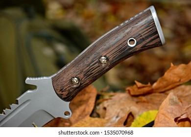 Machete In Stump. Autumn Forest