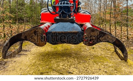 A machine with a claw attachment is placed on a dirt path surrounded by trees and fallen leaves in daylight. Spring clearing of old tree branches from the forest