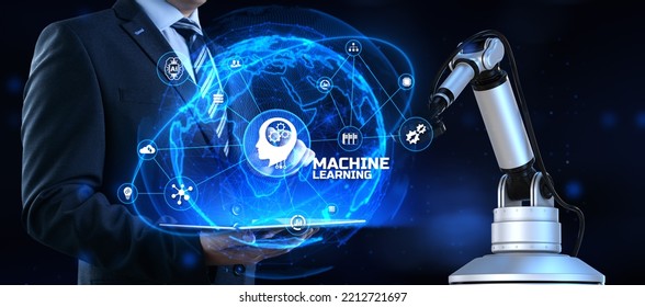 Machine Deep Learning Neural Network AI Artificial Intelligence. Business Industrial Technology Concept. Cobot 3d Render.