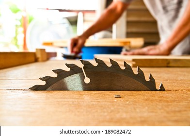 Machine Electronic Table Saw, Sharp Cut Metal Steel Silver in Carpentry Wood Work. - Powered by Shutterstock