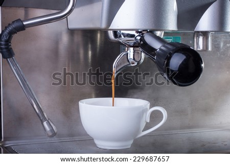 Machine with filter holder having make coffee flowing into a cup.