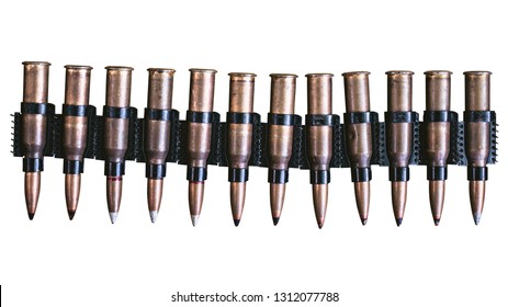 Machine Gun Ammo On A White Background, Bullet Belt, Bandoleer, Chain Of Ammo On Wooden Background,cartridge 7.62 Mm Caliber, Top View, Isolated On White Background