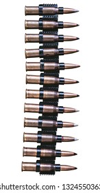 Machine Gun Ammo On A White Background, Bullet Belt, Bandoleer, Chain Of Ammo On Wooden Background,cartridge 7.62 Mm Caliber, Top View, Isolated On White Background