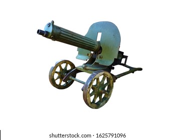 Machine Gun Of The English Isoboetatel Hiram Stevens Maxim On A White Background Of Protective Color.
