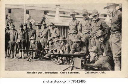 Machine Gun Instructions - Early 1900's WWI Postcard Depicting Soldiers Receiving Machine Gun Instructions.at Camp Sherman In Chillicothe, Ohio.